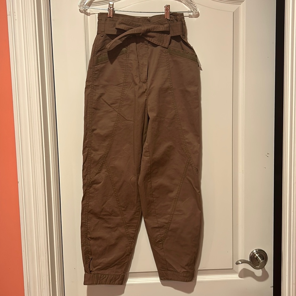 Anthropologie dressy cargo pant with embroidered pockets.